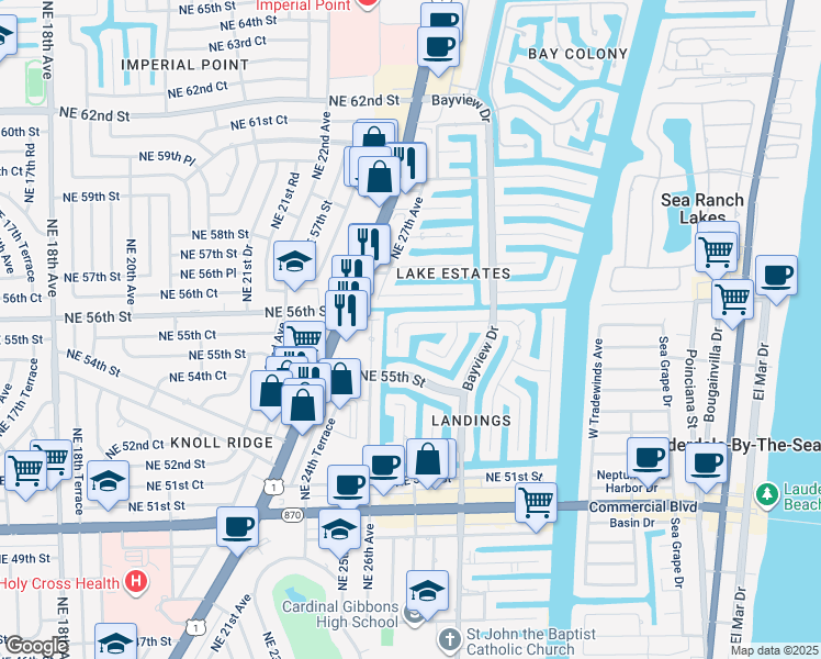 map of restaurants, bars, coffee shops, grocery stores, and more near 2820 Northeast 55th Place in Fort Lauderdale
