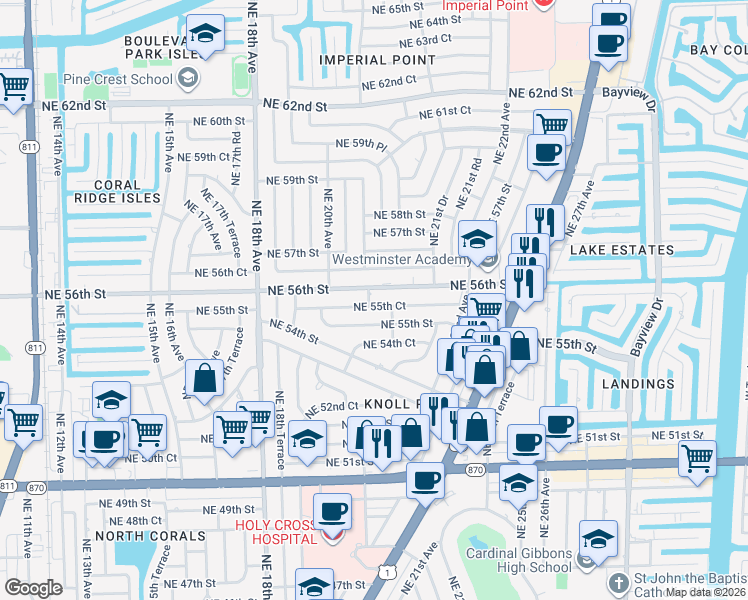 map of restaurants, bars, coffee shops, grocery stores, and more near 2041 Northeast 55th Court in Fort Lauderdale