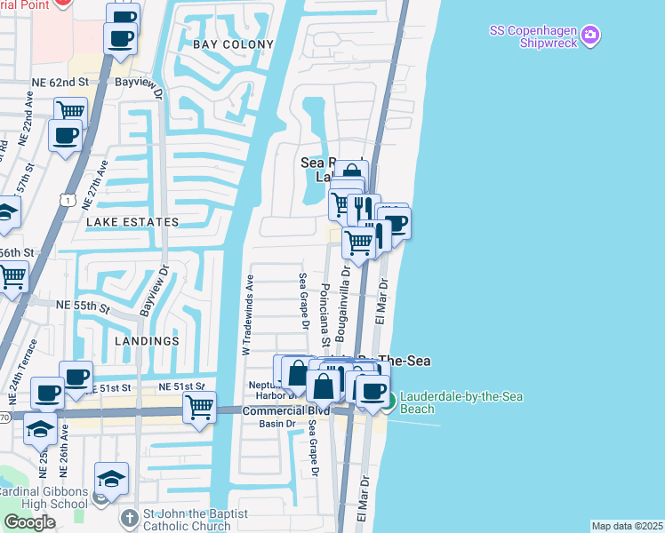 map of restaurants, bars, coffee shops, grocery stores, and more near 4627 Bougainvilla Drive in Lauderdale-by-the-Sea