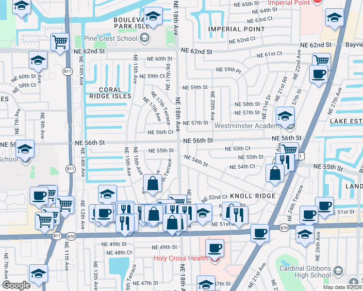 map of restaurants, bars, coffee shops, grocery stores, and more near 5530 Northeast 18th Avenue in Fort Lauderdale