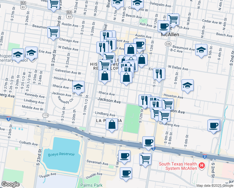 map of restaurants, bars, coffee shops, grocery stores, and more near 1523 Ithaca Avenue in McAllen