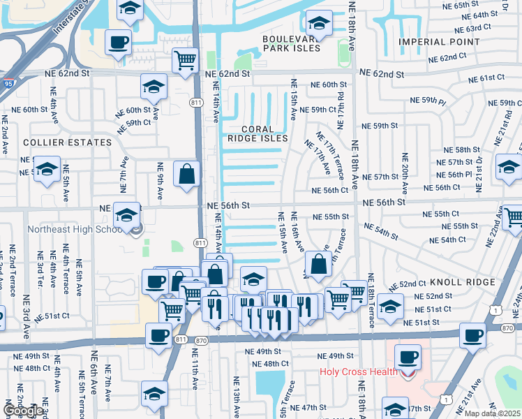 map of restaurants, bars, coffee shops, grocery stores, and more near 1454 Northeast 56th Street in Fort Lauderdale