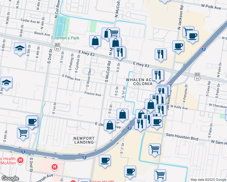 map of restaurants, bars, coffee shops, grocery stores, and more near 26 South G Street in McAllen