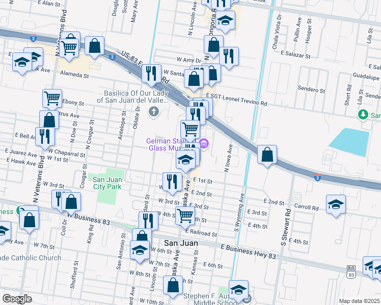 map of restaurants, bars, coffee shops, grocery stores, and more near 300 North Nebraska Avenue in San Juan