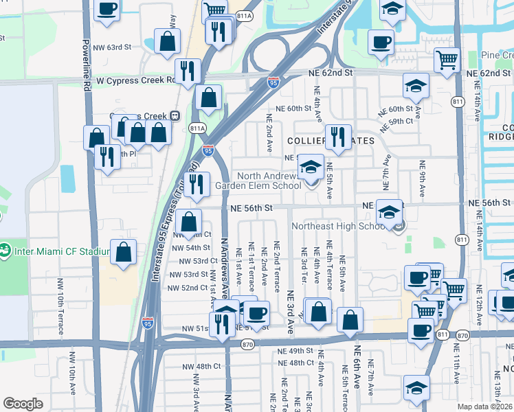 map of restaurants, bars, coffee shops, grocery stores, and more near 200 Northeast 56th Street in Fort Lauderdale