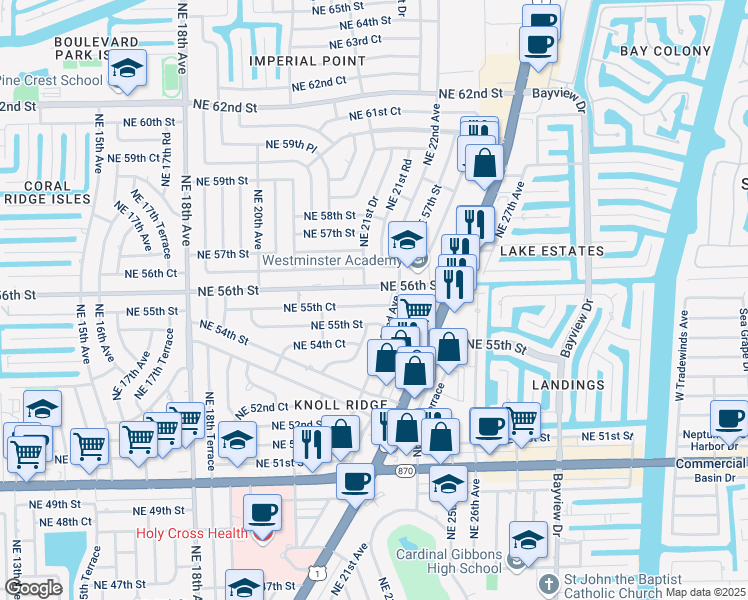 map of restaurants, bars, coffee shops, grocery stores, and more near 2191 Northeast 55th Court in Fort Lauderdale