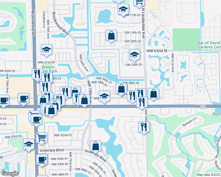 map of restaurants, bars, coffee shops, grocery stores, and more near 5711 Northwest 67th Avenue in Tamarac