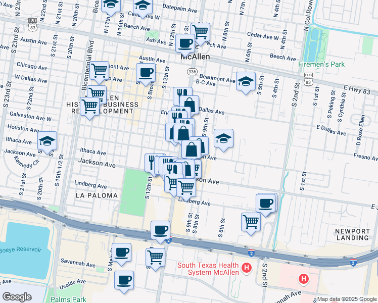 map of restaurants, bars, coffee shops, grocery stores, and more near 912 West Houston Avenue in McAllen