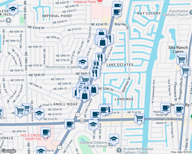 map of restaurants, bars, coffee shops, grocery stores, and more near 5561 Northeast 26th Avenue in Fort Lauderdale