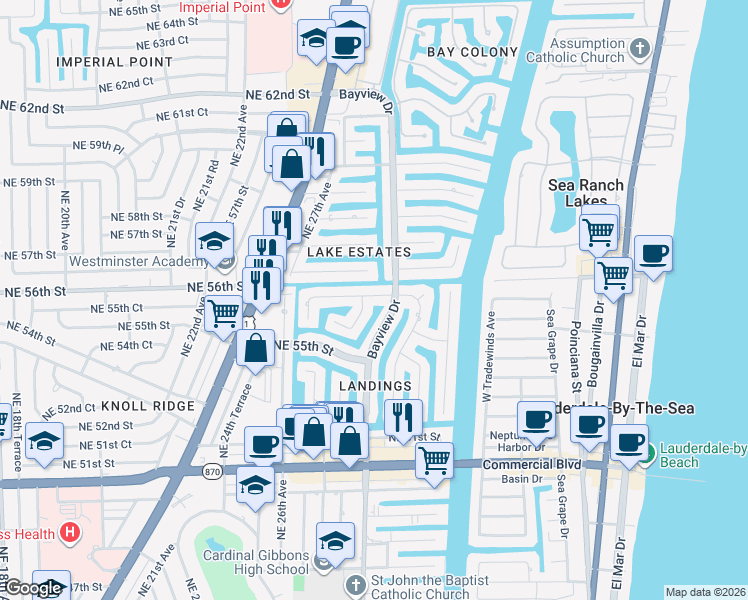 map of restaurants, bars, coffee shops, grocery stores, and more near 5581 Bayview Drive in Fort Lauderdale