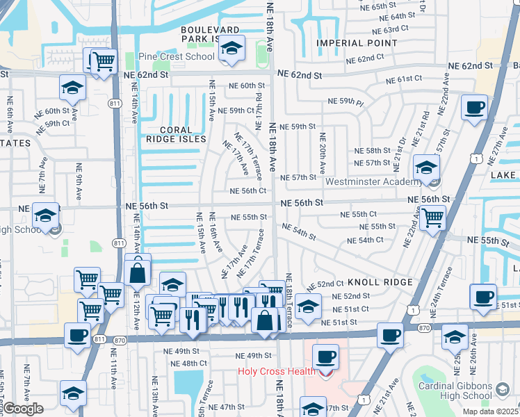 map of restaurants, bars, coffee shops, grocery stores, and more near 1731 Northeast 55th Street in Fort Lauderdale