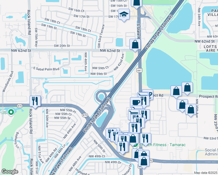 map of restaurants, bars, coffee shops, grocery stores, and more near 4604 Northwest 58th Street in Tamarac