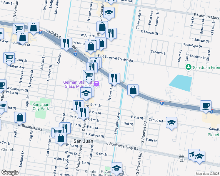 map of restaurants, bars, coffee shops, grocery stores, and more near 400 North Iowa Avenue in San Juan