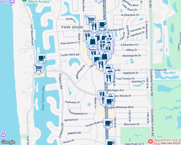 map of restaurants, bars, coffee shops, grocery stores, and more near 4075 Belair Lane in Naples
