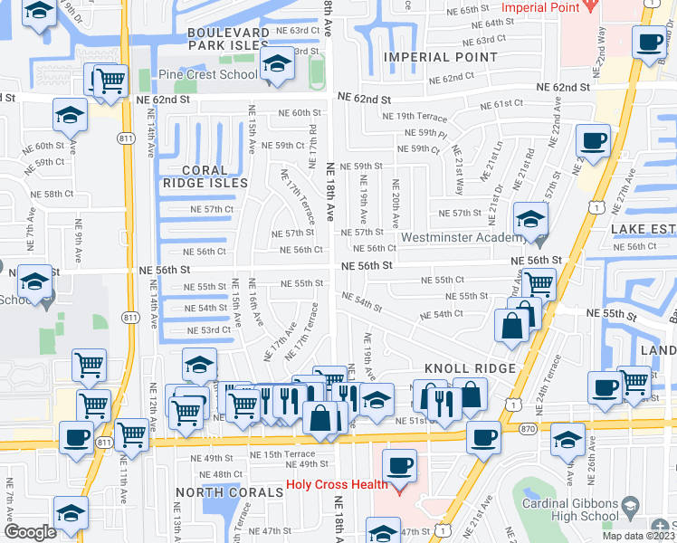 map of restaurants, bars, coffee shops, grocery stores, and more near 1800 Northeast 56th Street in Fort Lauderdale