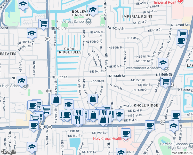 map of restaurants, bars, coffee shops, grocery stores, and more near 1702 Northeast 56th Street in Fort Lauderdale