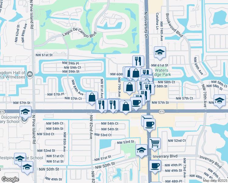 map of restaurants, bars, coffee shops, grocery stores, and more near 5738 Tuscany Way in Tamarac