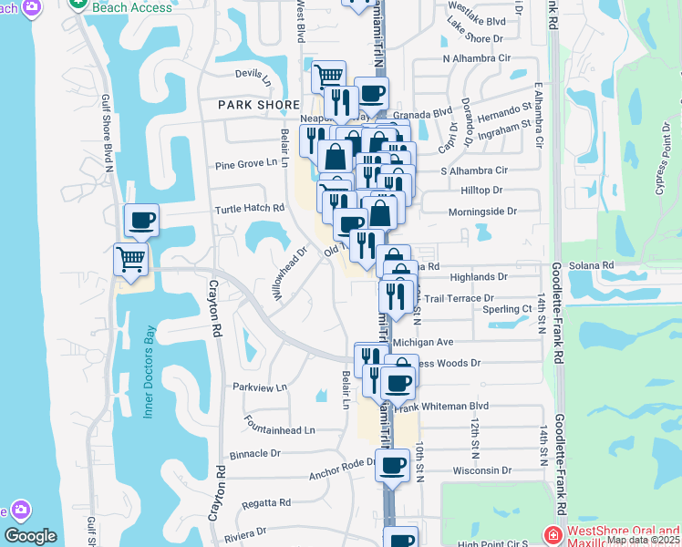 map of restaurants, bars, coffee shops, grocery stores, and more near 4075 Belair Lane in Naples