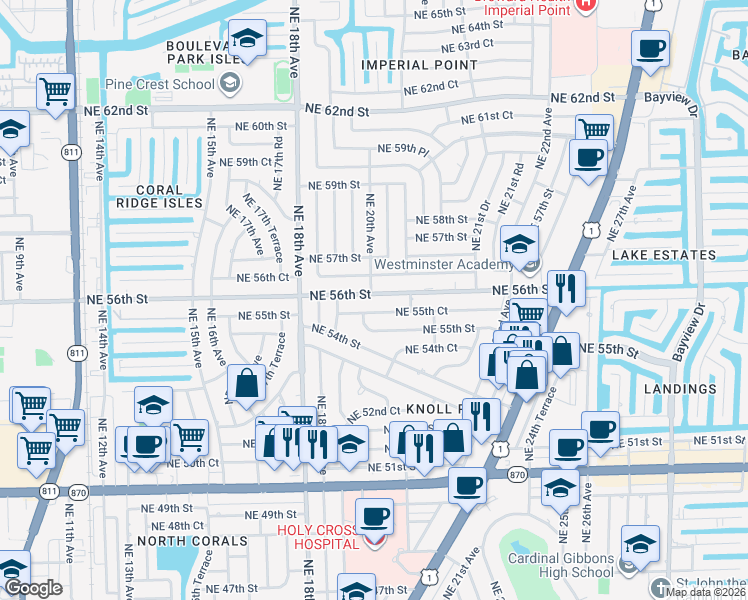 map of restaurants, bars, coffee shops, grocery stores, and more near 1971 Northeast 55th Court in Fort Lauderdale