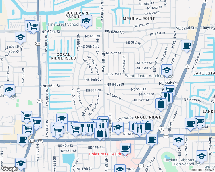 map of restaurants, bars, coffee shops, grocery stores, and more near 5530 Northeast 18th Avenue in Fort Lauderdale
