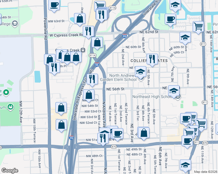 map of restaurants, bars, coffee shops, grocery stores, and more near 50 Northeast 56th Street in Fort Lauderdale