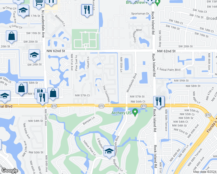 map of restaurants, bars, coffee shops, grocery stores, and more near 59 Canterbury Lane in Tamarac