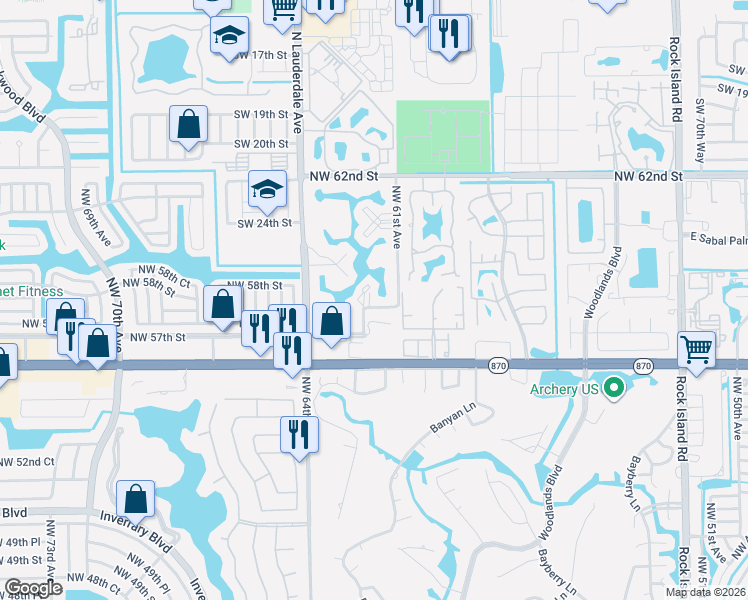 map of restaurants, bars, coffee shops, grocery stores, and more near 22 Northwest 57th Court in Tamarac