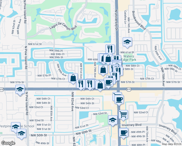 map of restaurants, bars, coffee shops, grocery stores, and more near 5738 Tuscany Way in Tamarac