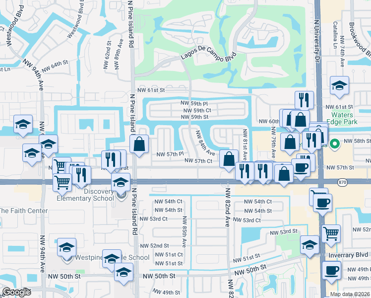 map of restaurants, bars, coffee shops, grocery stores, and more near 5709 Northwest 85th Avenue in Tamarac
