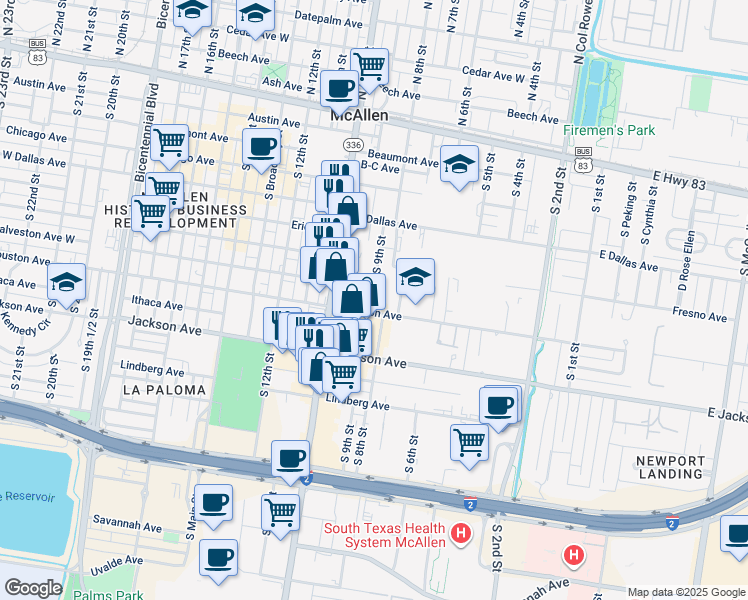 map of restaurants, bars, coffee shops, grocery stores, and more near 808 West Houston Avenue in McAllen