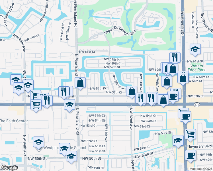 map of restaurants, bars, coffee shops, grocery stores, and more near 5709 Northwest 85th Avenue in Tamarac