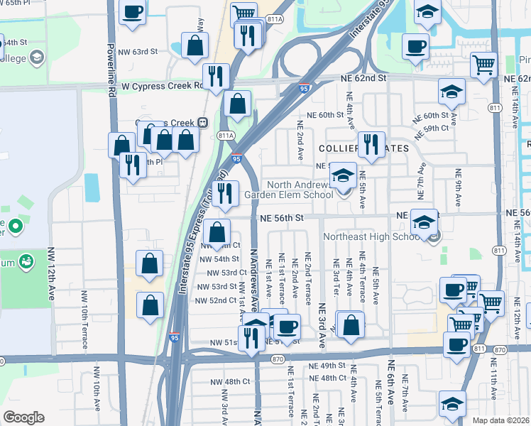 map of restaurants, bars, coffee shops, grocery stores, and more near 50 Northeast 56th Street in Fort Lauderdale