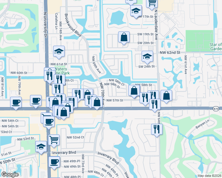 map of restaurants, bars, coffee shops, grocery stores, and more near 5712 Northwest 68th Terrace in Tamarac