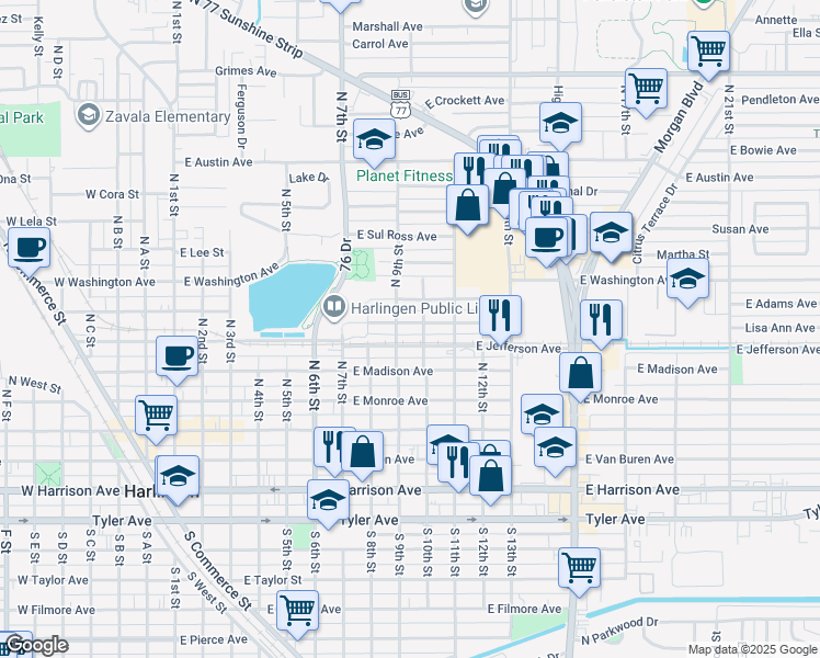 map of restaurants, bars, coffee shops, grocery stores, and more near 411-447 North 10th Street in Harlingen