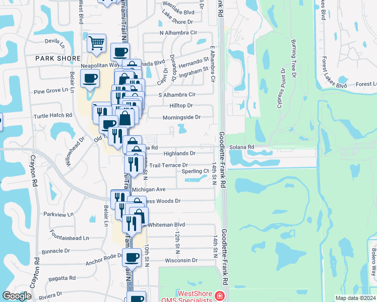 map of restaurants, bars, coffee shops, grocery stores, and more near 1266 Solana Road in Naples
