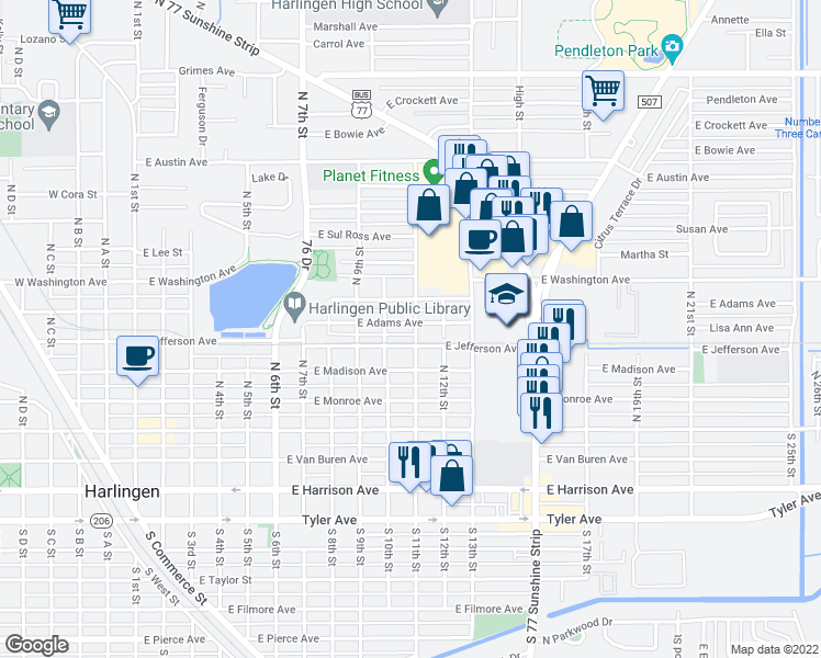 map of restaurants, bars, coffee shops, grocery stores, and more near 1026 East Adams Avenue in Harlingen