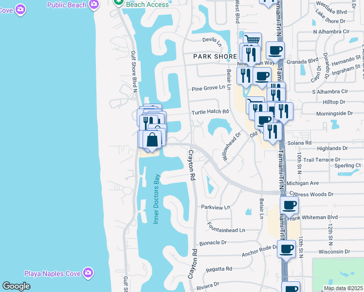 map of restaurants, bars, coffee shops, grocery stores, and more near 400 Park Shore Drive in Naples