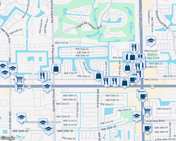 map of restaurants, bars, coffee shops, grocery stores, and more near 5702 Northwest 84th Avenue in Tamarac