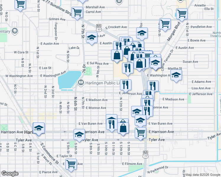 map of restaurants, bars, coffee shops, grocery stores, and more near 1026 East Adams Avenue in Harlingen