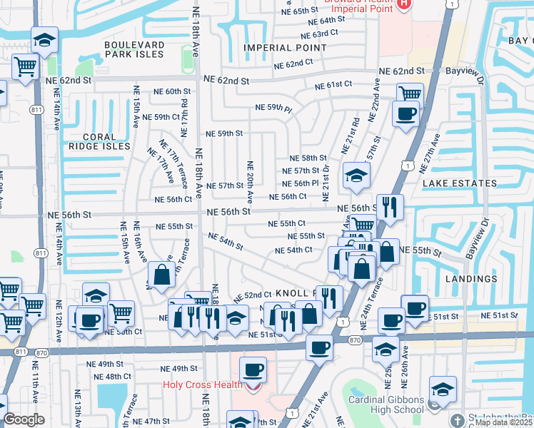 map of restaurants, bars, coffee shops, grocery stores, and more near 1971 Northeast 55th Court in Fort Lauderdale