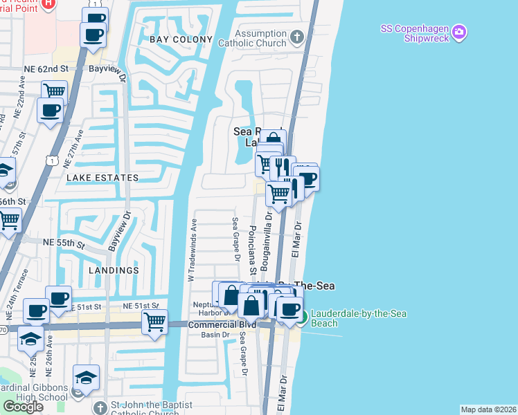 map of restaurants, bars, coffee shops, grocery stores, and more near 4627 Bougainvilla Drive in Lauderdale-by-the-Sea