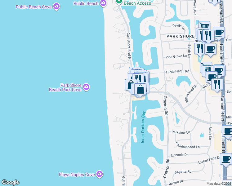 map of restaurants, bars, coffee shops, grocery stores, and more near 4041 Gulf Shore Boulevard North in Naples