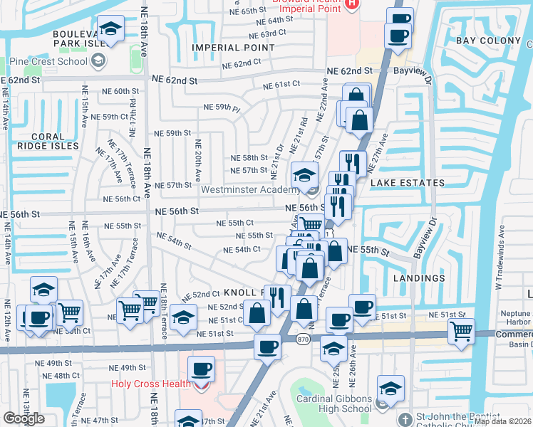 map of restaurants, bars, coffee shops, grocery stores, and more near 2140 Northeast 56th Street in Fort Lauderdale