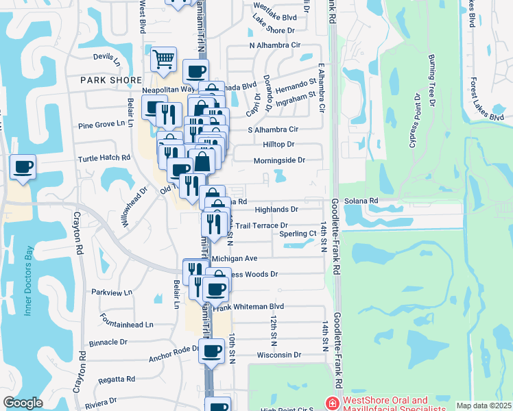 map of restaurants, bars, coffee shops, grocery stores, and more near 1097 Highlands Drive in Naples