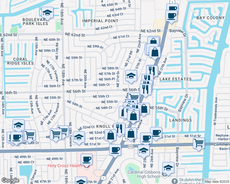 map of restaurants, bars, coffee shops, grocery stores, and more near 2191 Northeast 55th Court in Fort Lauderdale