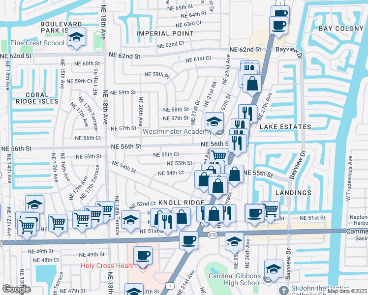 map of restaurants, bars, coffee shops, grocery stores, and more near 2121 Northeast 55th Court in Fort Lauderdale