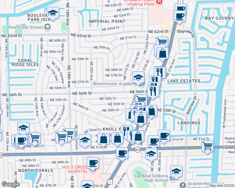 map of restaurants, bars, coffee shops, grocery stores, and more near 2121 Northeast 55th Court in Fort Lauderdale