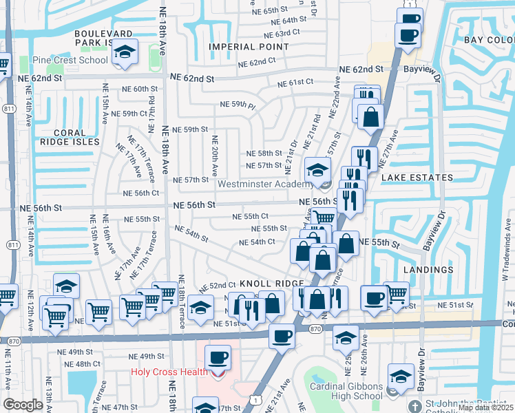 map of restaurants, bars, coffee shops, grocery stores, and more near 2121 Northeast 55th Court in Fort Lauderdale