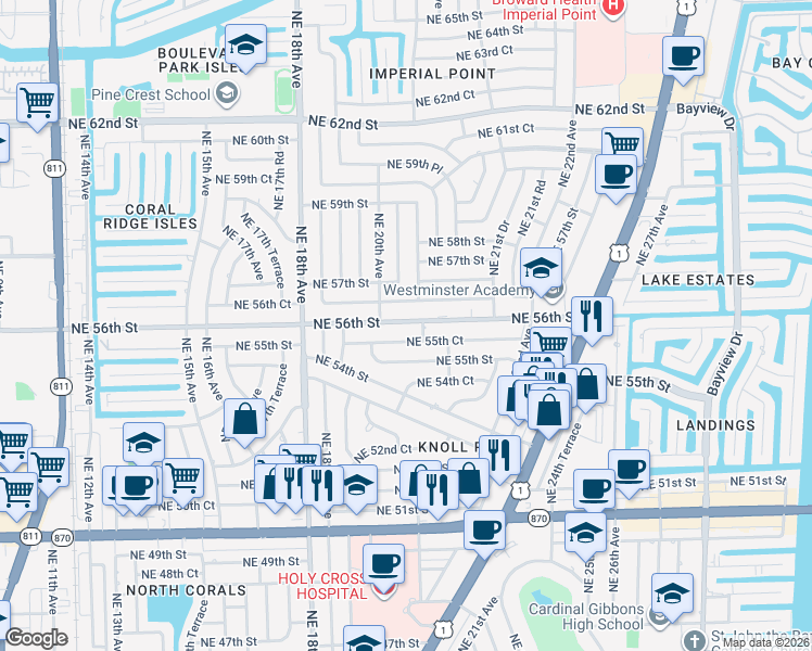 map of restaurants, bars, coffee shops, grocery stores, and more near 1971 Northeast 55th Court in Fort Lauderdale