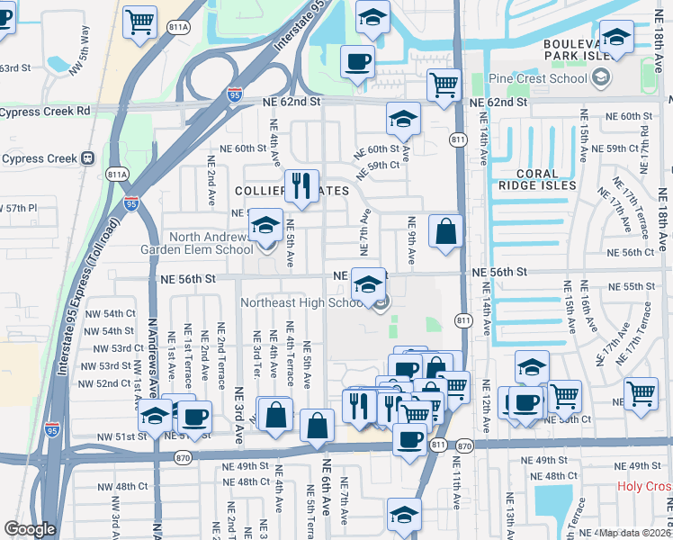 map of restaurants, bars, coffee shops, grocery stores, and more near 5590 Northeast 6th Avenue in Fort Lauderdale